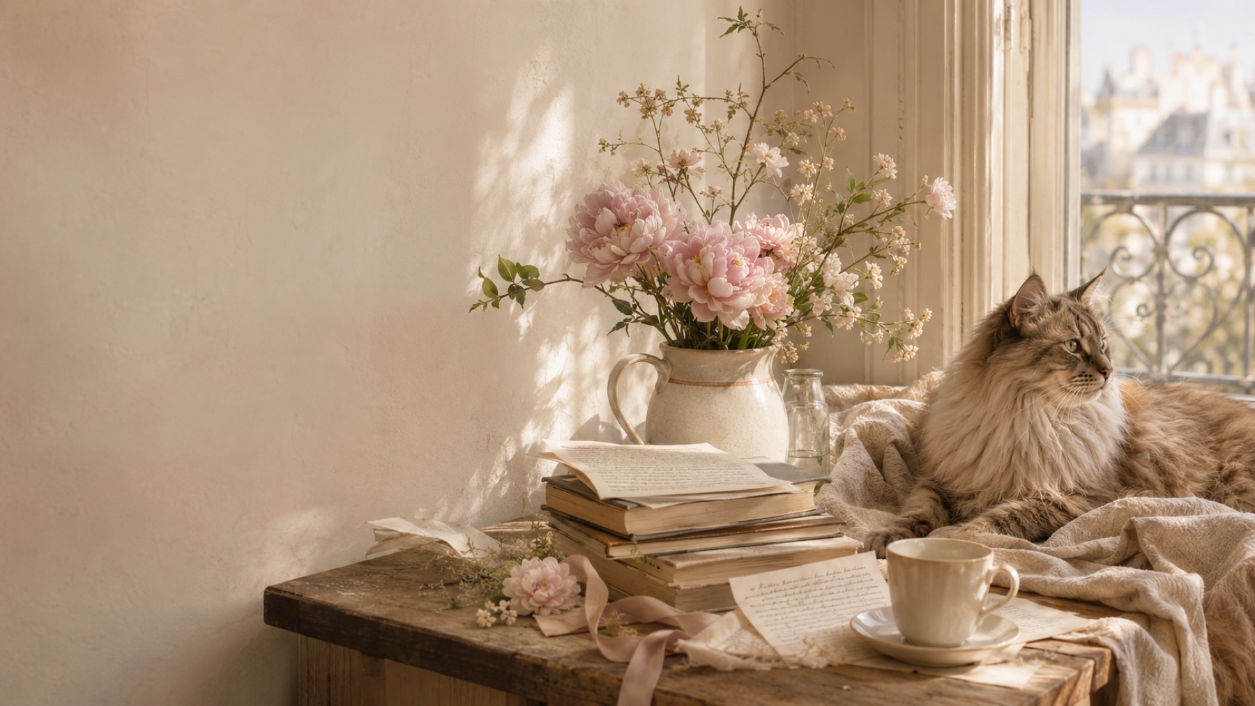 Pink peonies, old books and a cat by a Parisian window — Elodie-Joy's atelier